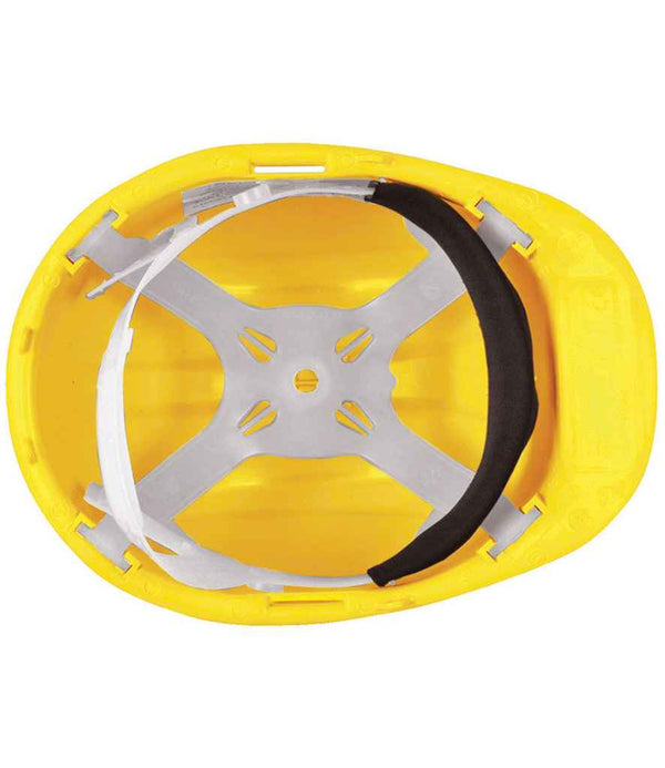Top view of the Portwest Expertbase Safety Helmet by Portwest, featuring a yellow high-density polypropylene shell, gray suspension system, and a black padded front strip for added comfort.