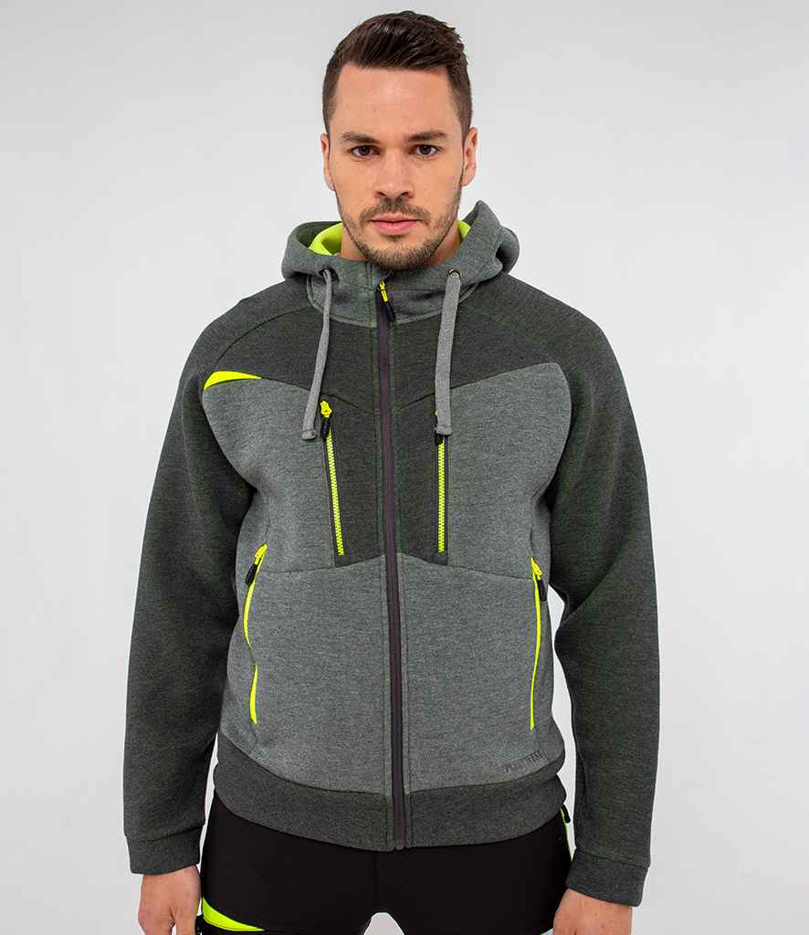 A man with short dark hair and a trimmed beard faces forward, wearing the Portwest DX4™ Zipped Hoodie in gray with neon yellow accents from Portwest. The background is plain and light-colored.