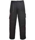 Portwest Texo Contrast Trousers by Portwest shown on a white background; these black work pants feature multiple pockets, including two large front pockets, knee pad pockets, and a multi-use side leg pocket.