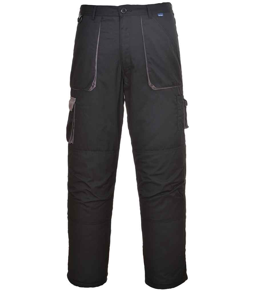 Portwest Texo Contrast Trousers by Portwest shown on a white background; these black work pants feature multiple pockets, including two large front pockets, knee pad pockets, and a multi-use side leg pocket.