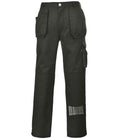 Portwest Slate Holster Trousers by Portwest feature multiple pockets, holster pockets, reinforced knees with knee pad pockets, button and zipper closure, and a transparent pocket on the lower right leg, shown on a white background.