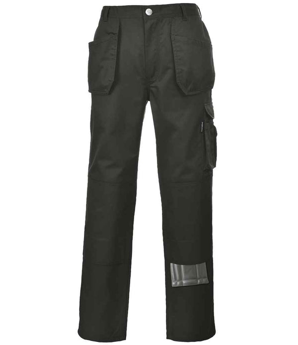 Portwest Slate Holster Trousers by Portwest feature multiple pockets, holster pockets, reinforced knees with knee pad pockets, button and zipper closure, and a transparent pocket on the lower right leg, shown on a white background.