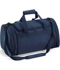 The Quadra Sports Holdall by Quadra is a navy blue duffel bag made from recycled polyester with a 32L capacity, zippered main compartment, two side pockets, dual handles with Velcro grip, and an adjustable padded shoulder strap.