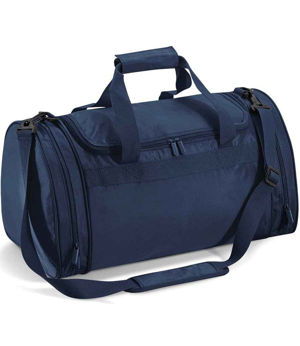 The Quadra Sports Holdall by Quadra is a navy blue duffel bag made from recycled polyester with a 32L capacity, zippered main compartment, two side pockets, dual handles with Velcro grip, and an adjustable padded shoulder strap.