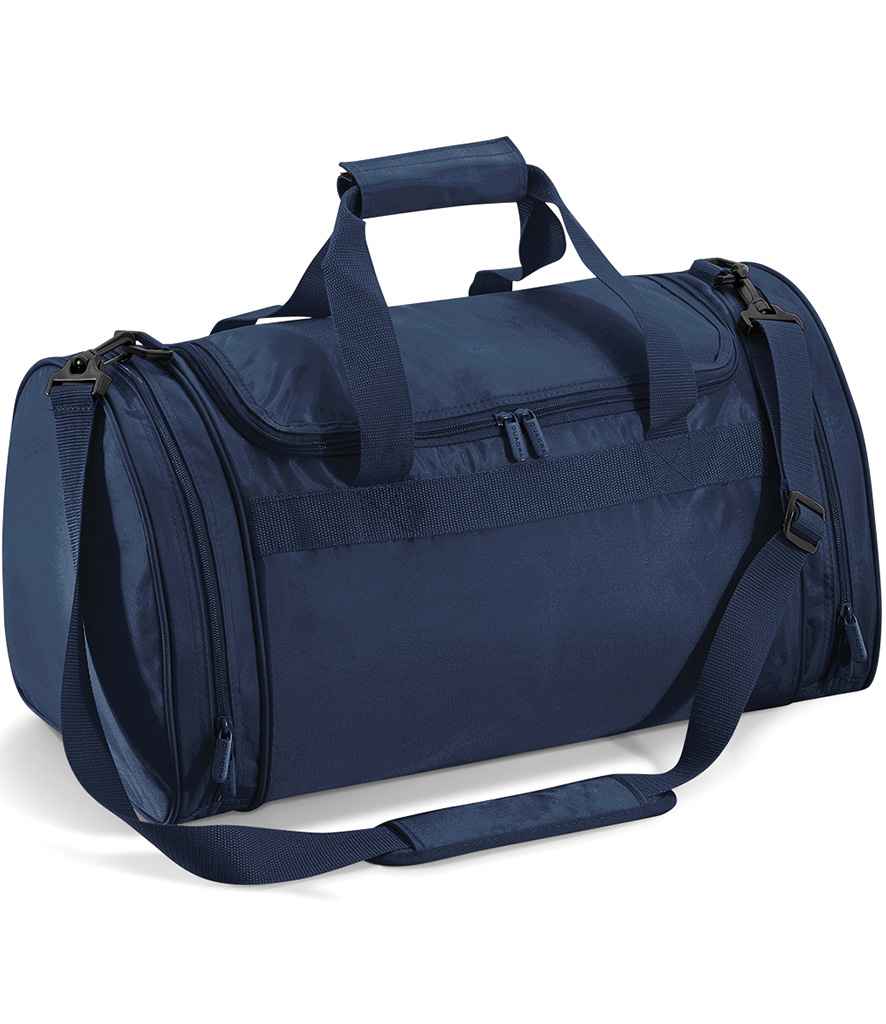 The Quadra Sports Holdall by Quadra is a navy blue duffel bag made from recycled polyester with a 32L capacity, zippered main compartment, two side pockets, dual handles with Velcro grip, and an adjustable padded shoulder strap.