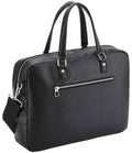 The Quadra Tailored Luxe Briefcase by Quadra is a black leather bag with two handles, a front zip pocket, detachable adjustable shoulder strap, silver hardware, minimalist design, and is laptop compatible for everyday use.