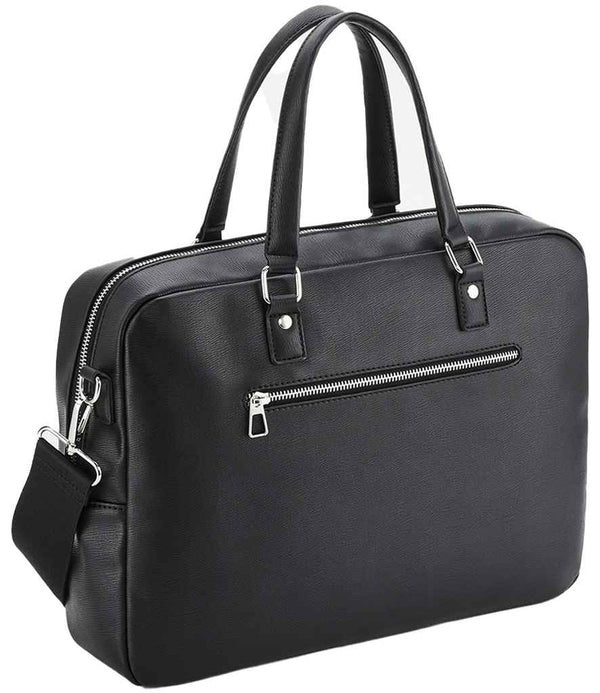 The Quadra Tailored Luxe Briefcase by Quadra is a black leather bag with two handles, a front zip pocket, detachable adjustable shoulder strap, silver hardware, minimalist design, and is laptop compatible for everyday use.