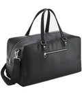 The Quadra Tailored Luxe Weekender by Quadra is a black leather duffel with silver zippers, two handles, and an adjustable shoulder strap. Made from recycled polyester, it has a zip front pocket and a roomy 25L main compartment.