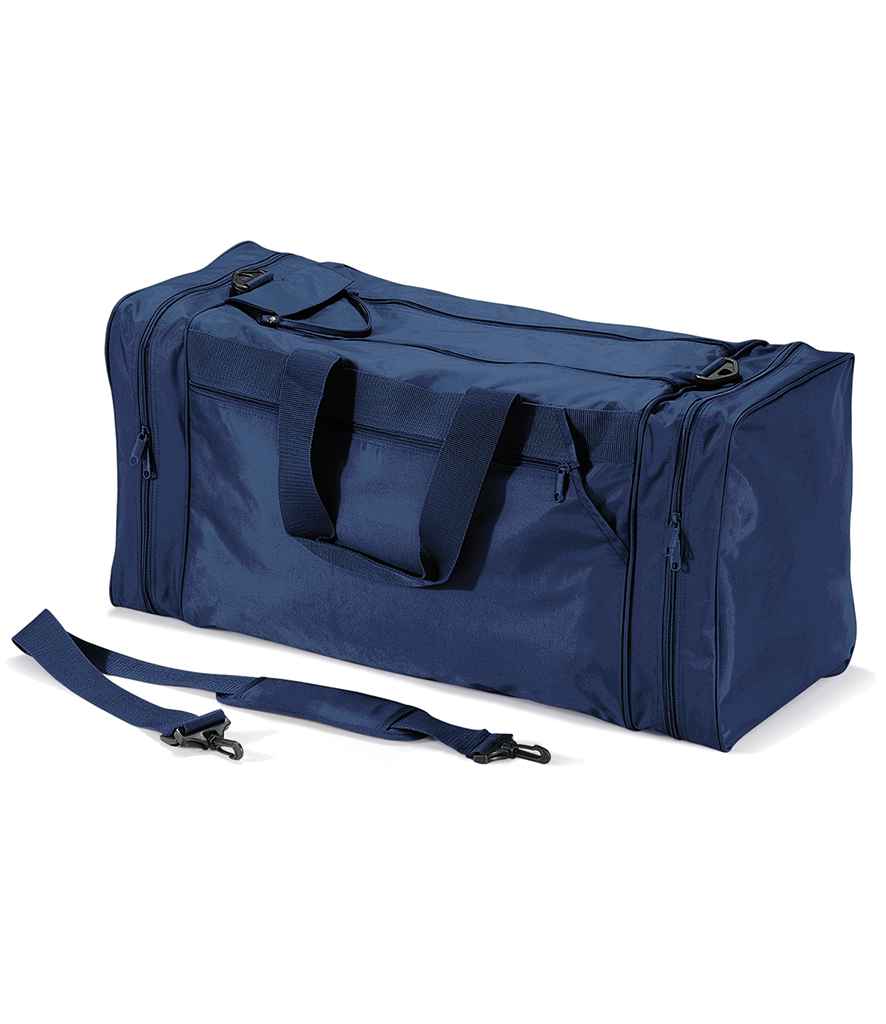 The Quadra Jumbo Sports Holdall by Quadra is a spacious rectangular navy blue duffel bag made from recycled polyester, with side pockets, two short handles, a zippered top, and a detachable adjustable shoulder strap at the front.