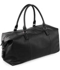 The Quadra NuHide® Weekender by Quadra is a black leather duffel bag with carry/shoulder handles, silver hardware, a side zip pocket, textured surface, main zip compartment, and 30L capacity, shown against a white background.