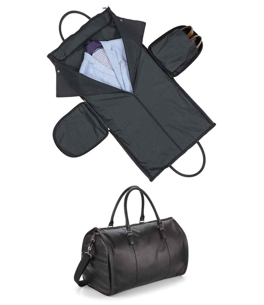 The Quadra NuHide® Garment Weekender by Quadra is shown open with folded shirts, compartments, and a shoe pocket for organization; shown closed to highlight its handles and shoulder strap.