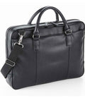 The Quadra NuHide® Slimline Laptop Briefcase by Quadra is a black leather bag with two handles, an adjustable shoulder strap, silver hardware, and a padded tablet compartment, displayed on a white background.