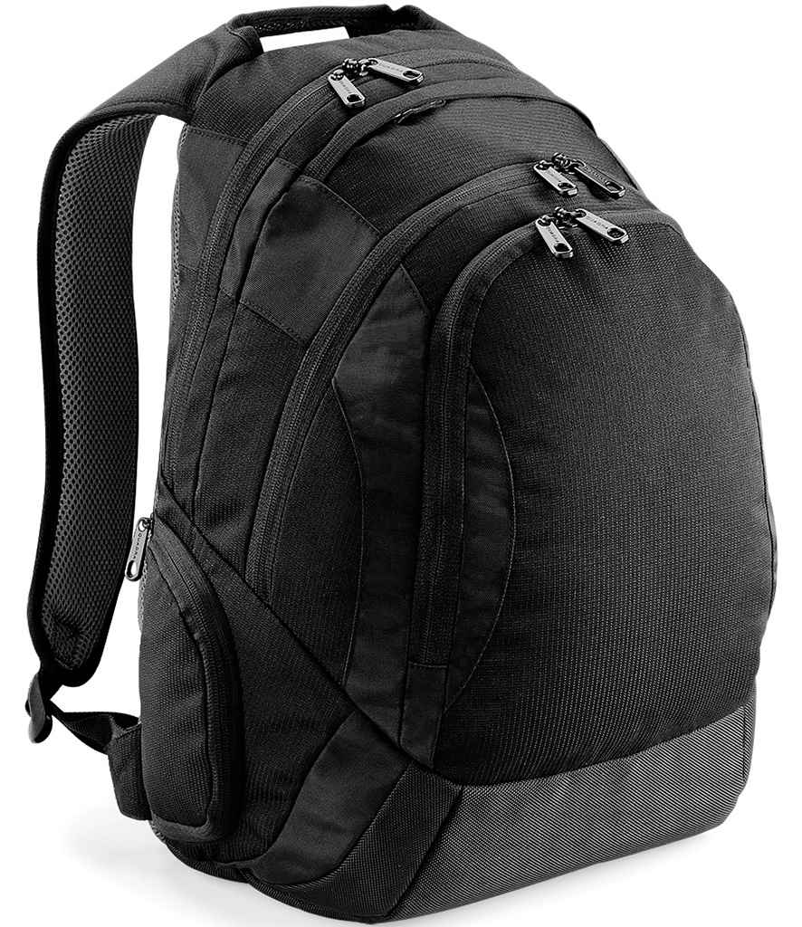The Quadra Vessel™ Laptop Backpack by Quadra stands upright on a white background, featuring multiple zippered compartments, an ergonomic back panel, and padded shoulder straps in sleek black.