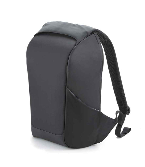 The Quadra Project Charge Security Backpack by Quadra is black with a minimalist look, padded straps, a laptop compartment, and side pocket. It stands upright on a plain white background.