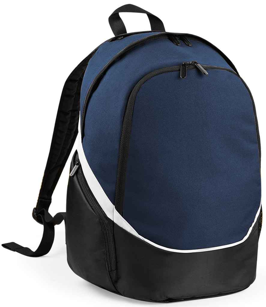 The Quadra Pro Team Backpack by Quadra is a blue and black 17L bag with a white stripe, two zippered compartments, padded shoulder straps, a top handle, and is made from recycled polyester.