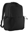 The Quadra Studio Backpack by Quadra is a plain black laptop backpack with two main zippered compartments, padded shoulder straps, two side pockets, a top handle, and a 22L capacity, shown against a white background.