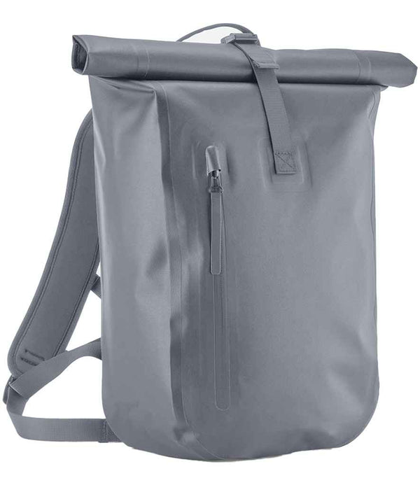 The Quadra Waterproof Roll-Top Lite Backpack by Quadra, in grey, features a roll-top closure, front zipper pocket, and padded shoulder straps. It is displayed upright against a plain white background.