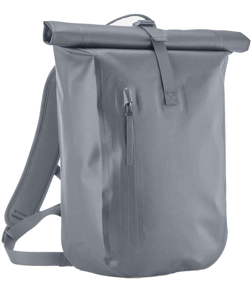 The Quadra Waterproof Roll-Top Lite Backpack by Quadra, in grey, features a roll-top closure, front zipper pocket, and padded shoulder straps. It is displayed upright against a plain white background.