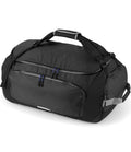 The Quadra SLX 60 Litre Haul Bag by Quadra is a black, water repellent duffel bag with two zippered front pockets, black handles with gray grip, an adjustable shoulder strap, and side handles, shown here on a white background.