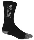 A set of three black Regatta Professional Workwear socks, each featuring ribbed ankle cuffs, gray cushioned heel and toe accents, and white Regatta text along the side, shown on a white background.