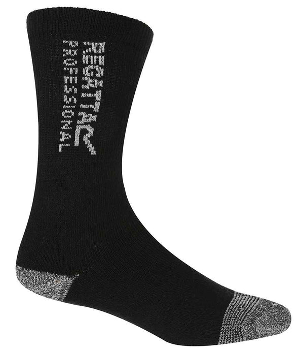 A set of three black Regatta Professional Workwear socks, each featuring ribbed ankle cuffs, gray cushioned heel and toe accents, and white Regatta text along the side, shown on a white background.
