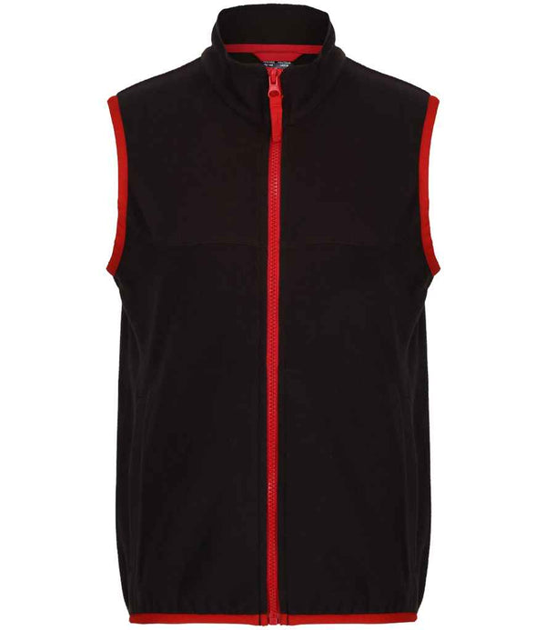 The Regatta Kids Micro Fleece Bodywarmer by Regatta Professional is a sleeveless black vest with a full-length red zip, red trim on armholes and hem, high collar, lightweight recycled polyester fabric, and practical zip pockets.