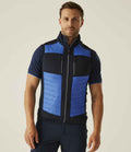 A man faces forward against a plain light background, wearing the Regatta Professional E-Volve Unisex Thermal Hybrid Bodywarmer—a blue and black showerproof zip-up vest with Warmloft insulation—over a navy shirt.
