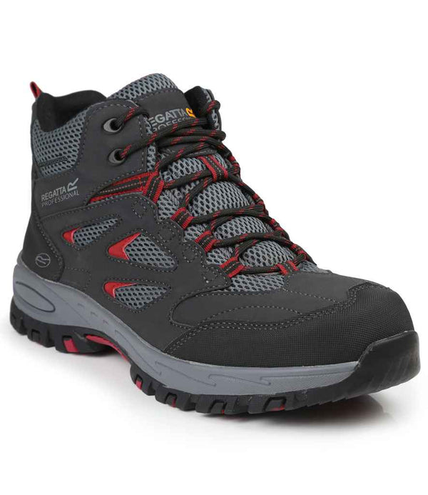 The Regatta Safety Footwear Mudstone S1P Safety Hikers are gray and black boots with red accents, mesh panels, a thick treaded sole, metal lace eyelets, sturdy steel toe cap, and Regatta branding, shown angled on a white background.