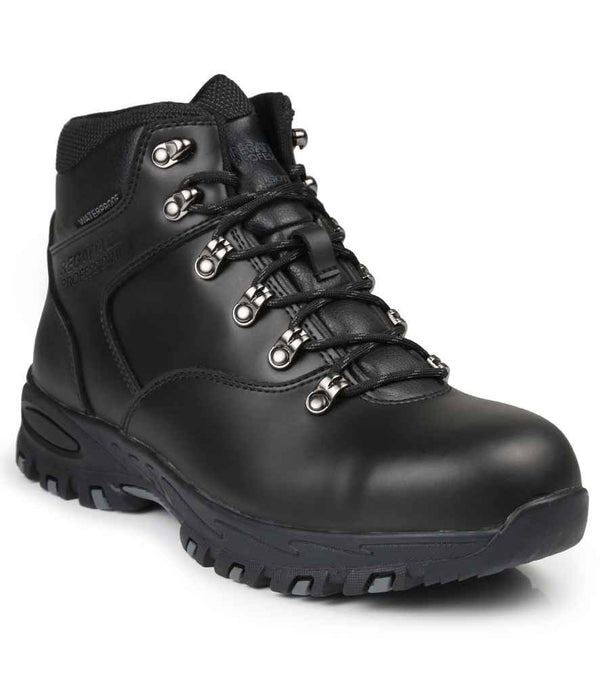The Regatta Safety Footwear Gritstone S3 WP Safety Hikers are black waterproof boots with a steel toe cap, metal eyelets, black laces, padded ankle collar, and a thick rugged sole with penetration resistant midsole.