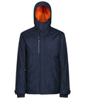 The Regatta Thermogen Powercell 5000 Heated Jacket by Regatta Professional is a dark blue waterproof hooded jacket with orange lining, a front zipper, chest pocket with vertical zipper, two side pockets, and adjustable cuffs. Made from recycled polyester.