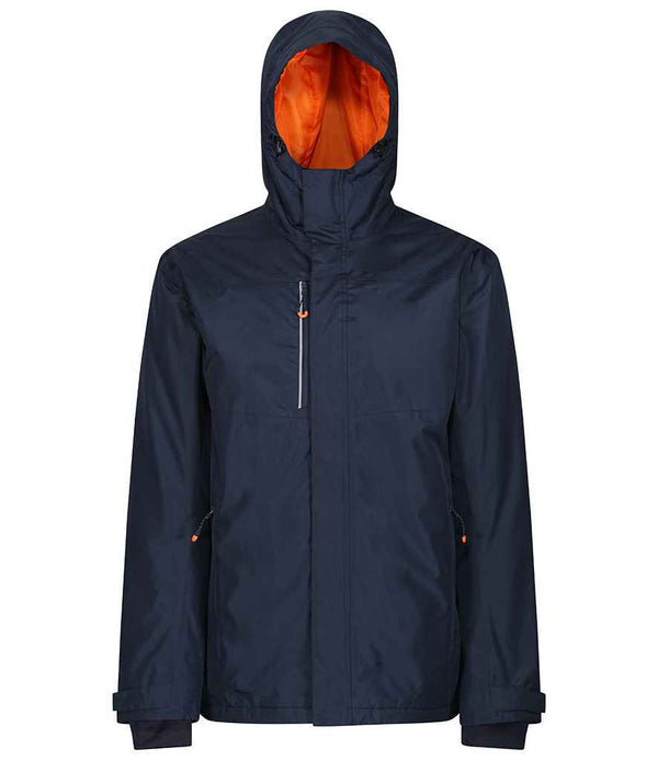 The Regatta Thermogen Powercell 5000 Heated Jacket by Regatta Professional is a dark blue waterproof hooded jacket with orange lining, a front zipper, chest pocket with vertical zipper, two side pockets, and adjustable cuffs. Made from recycled polyester.