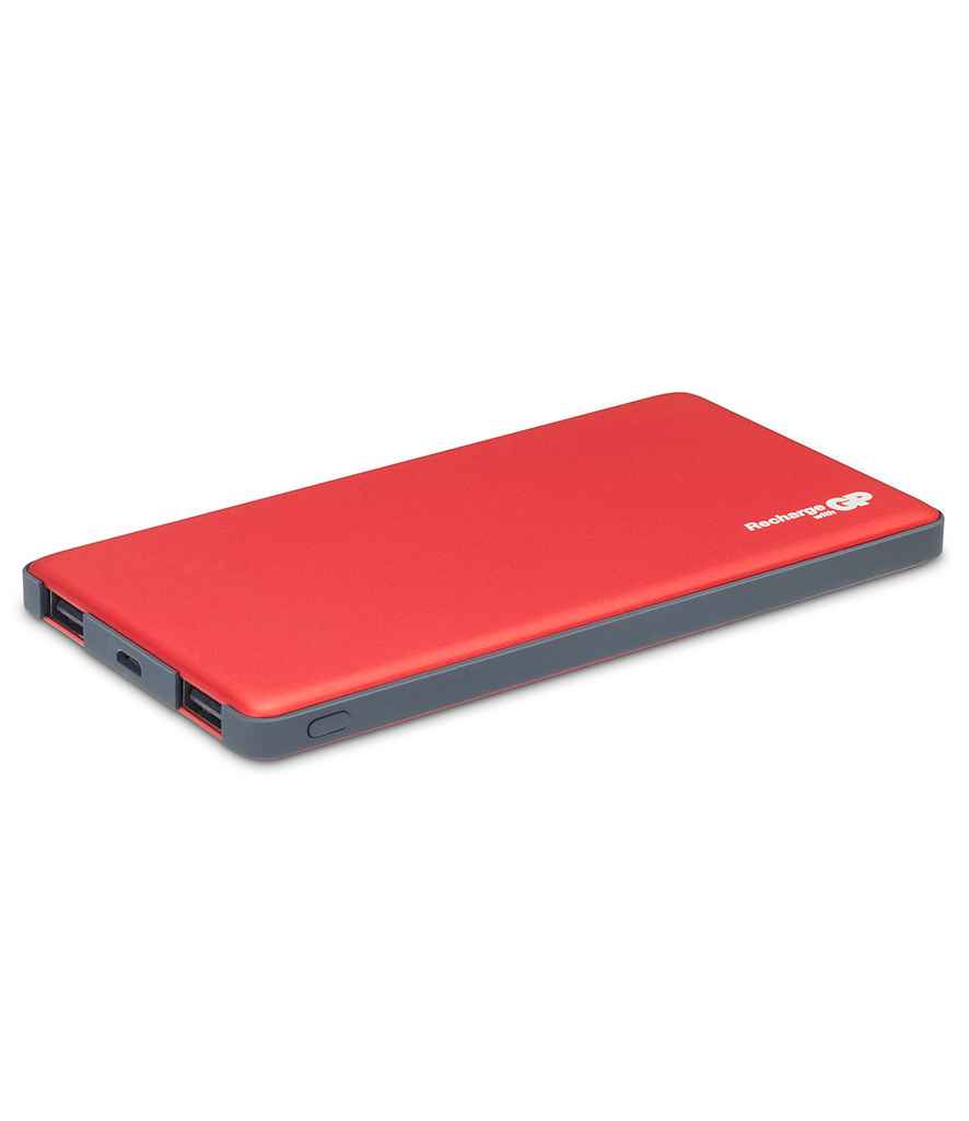 A slim, rectangular red 5000 mAh Regatta Heated Jacket Battery Pack by Regatta Professional with grey edges, two USB-A output ports, a micro-USB port, power button, and Rocketing GP in white on the top corner.