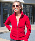 A woman wearing the Result Ladies Horizon High Grade Micro Fleece Jacket by Result, sunglasses, and red lipstick stands outdoors in front of a modern building, smiling with one hand on her hip.