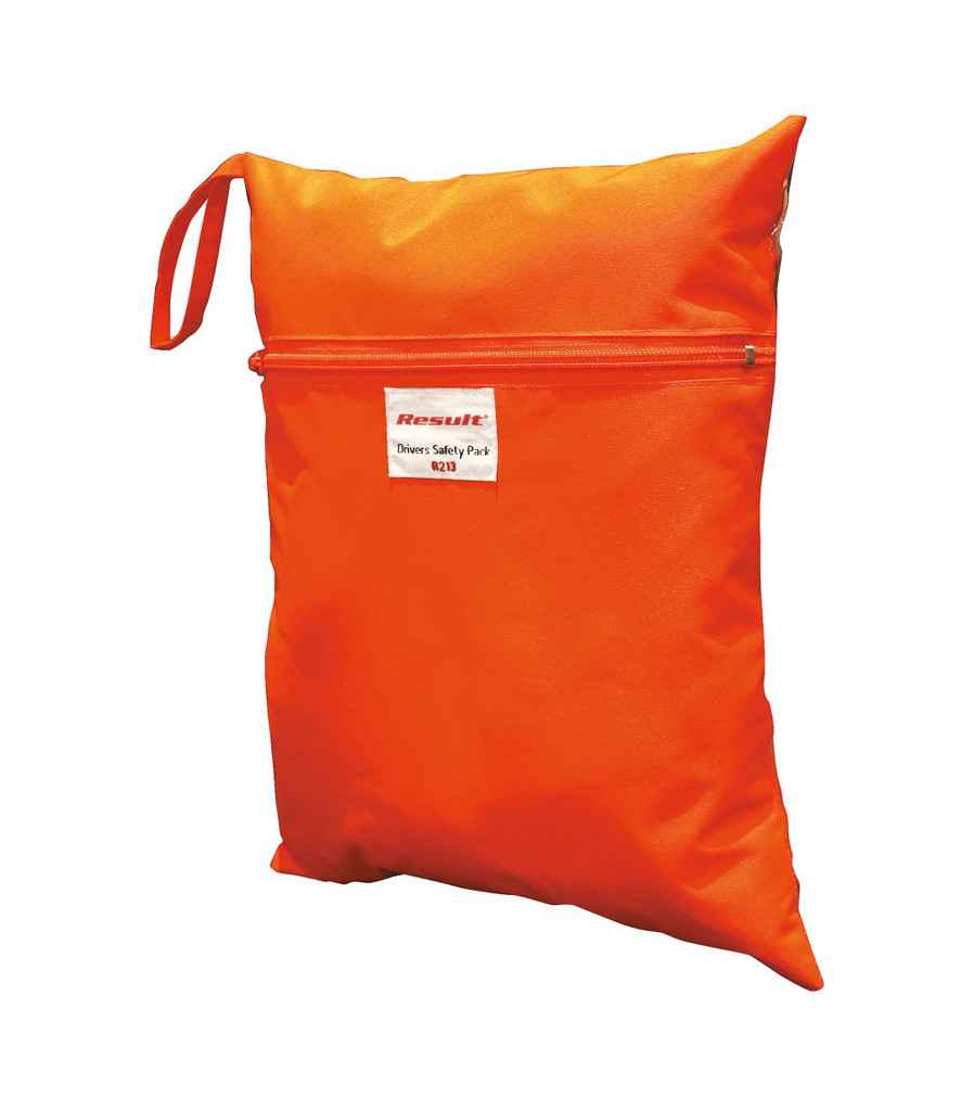 An orange rectangular Result Safe-Guard Safety Vest Storage Bag with a zip opening, a side fabric handle, and a front label reading Result Divers Safety Pack, made from smooth garment-like fabric.