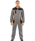 A person stands facing forward wearing the Result Work-Guard Lite Coverall by Result Work-Guard in gray with black and orange accents, featuring multiple cargo pockets and a zipper front. The background is plain white.