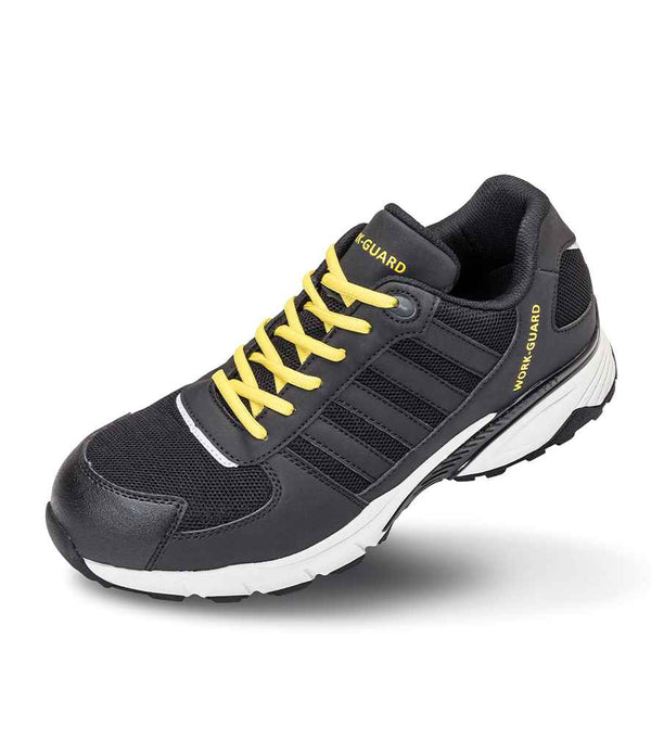 The Result Work-Guard Lightweight S1P SRC Safety Trainers feature a black mesh and synthetic upper, yellow laces, a white and black sole, “WORK-GUARD” in yellow, and SRC slip resistance. Shown on a white background.