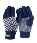 The Result Pattern Thinsulate™ Gloves by Result Winter Essentials are navy blue knit gloves with white zigzag and chevron designs, ribbed cuffs, a 3M Thinsulate label, and a cozy polyester lining for added warmth.
