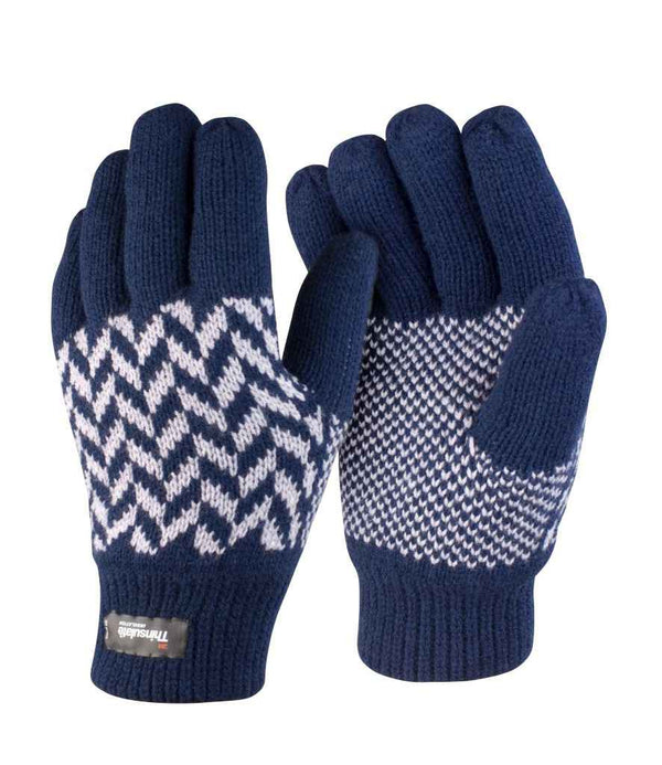The Result Pattern Thinsulate™ Gloves by Result Winter Essentials are navy blue knit gloves with white zigzag and chevron designs, ribbed cuffs, a 3M Thinsulate label, and a cozy polyester lining for added warmth.