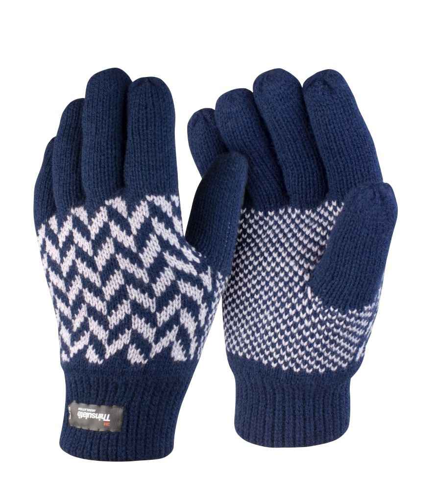 The Result Pattern Thinsulate™ Gloves by Result Winter Essentials are navy blue knit gloves with white zigzag and chevron designs, ribbed cuffs, a 3M Thinsulate label, and a cozy polyester lining for added warmth.