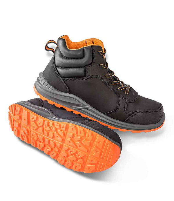 A pair of Result Work-Guard Stirling Safety Boots by Result Work-Guard in black with bright orange soles and interior lining. One boot stands upright, the other lies on its side, highlighting the lightweight build and rugged tread pattern.