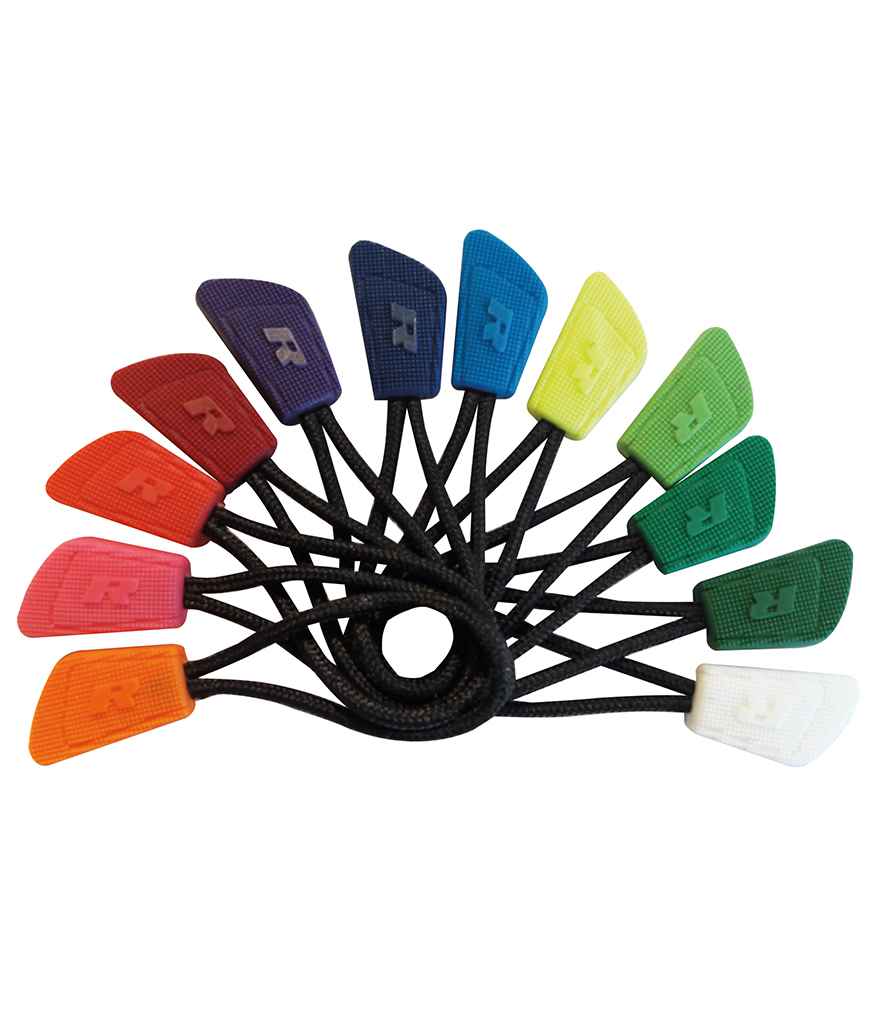 A set of ten Result Interchangeable Zip Pulls by Result in various colors, each attached to a black cord and arranged in a semicircle with cords gathered at the bottom center.
