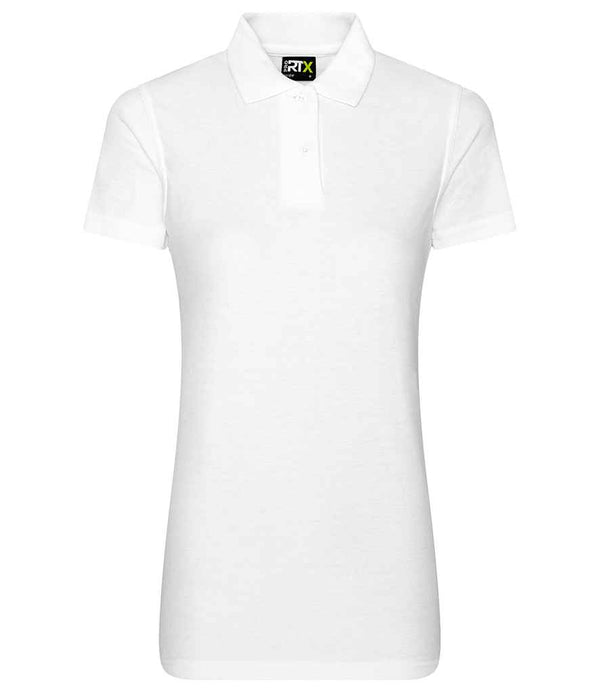 The Pro RTX Ladies Pro Piqué Polo Shirt by Pro RTX is a fitted white polo with short sleeves, a ribbed collar, three buttons, and a small black and yellow RTX label inside the collar, shown on a white background.