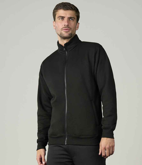 A man stands against a plain background wearing the Pro RTX Pro Full Zip Sweatshirt by Pro RTX, featuring a high collar and full-length YKK zip, paired with matching black pants. He looks slightly to the side with a neutral expression.