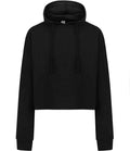 The SF Clothing Ladies Cropped Slounge Hoodie by SF Clothing is a black, long-sleeve cropped hoodie with a two-panel hood, drawstring, brushed back fleece, and raw edge hem. Shown against a white background with no visible logos or patterns.