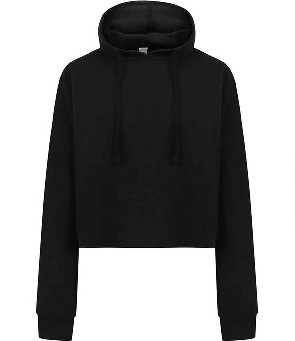 The SF Clothing Ladies Cropped Slounge Hoodie by SF Clothing is a black, long-sleeve cropped hoodie with a two-panel hood, drawstring, brushed back fleece, and raw edge hem. Shown against a white background with no visible logos or patterns.