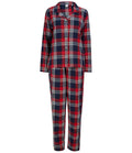 The SF Clothing Ladies Tartan Lounge Set by SF Clothing includes a long-sleeve, button-up lounge shirt and matching pants in cozy twill with a red, navy, and white plaid pattern.