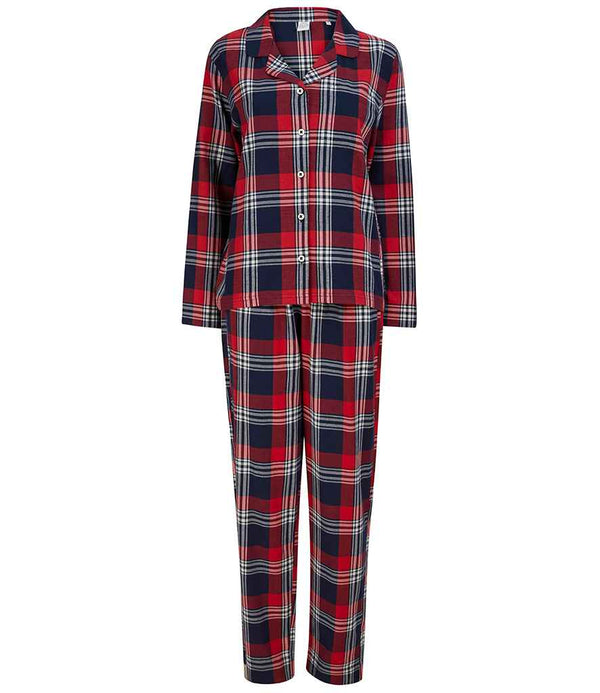 The SF Clothing Ladies Tartan Lounge Set by SF Clothing includes a long-sleeve, button-up lounge shirt and matching pants in cozy twill with a red, navy, and white plaid pattern.