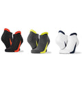The Spiro 3 Pack Sports Sneaker Socks by Spiro includes three cushioned pairs: one black with red accents, one dark grey with yellow, and one white with navy blue—perfect low-cut ankle socks for comfort.
