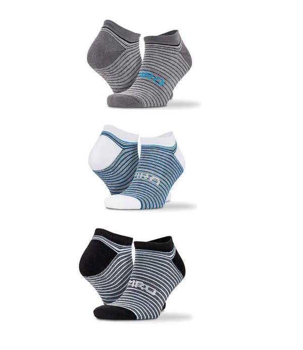 The Spiro 3 Pack Mixed Stripe Sneaker Socks by Spiro includes three low-cut pairs with DRI-TEC text and cushioned heels for comfort: gray, black with white and blue stripes, and white with blue and gray stripes.