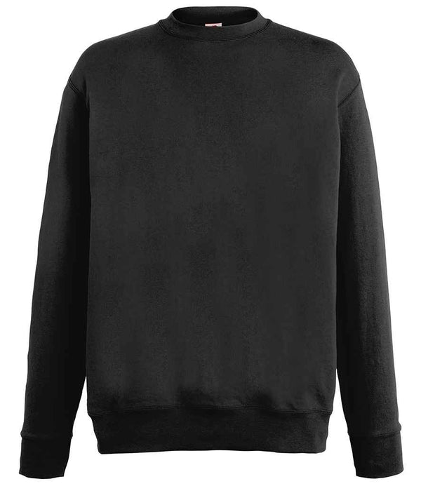 The Fruit of the Loom Lightweight Drop Shoulder Sweatshirt features a plain black design with long sleeves, a Cotton Lycra ribbed collar, and ribbed cuffs and hem with twin needle stitching. Displayed against a white background.